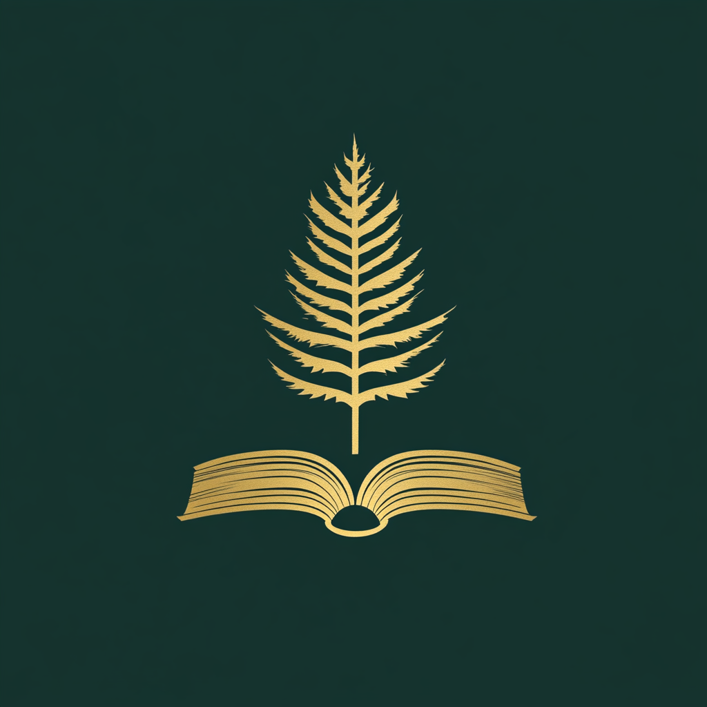 Logo with gold semi-closed book and green tree.