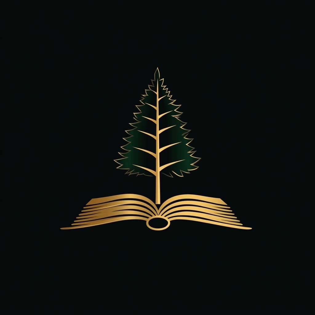 Logo: Gold book with metallic green tree - northeast direction