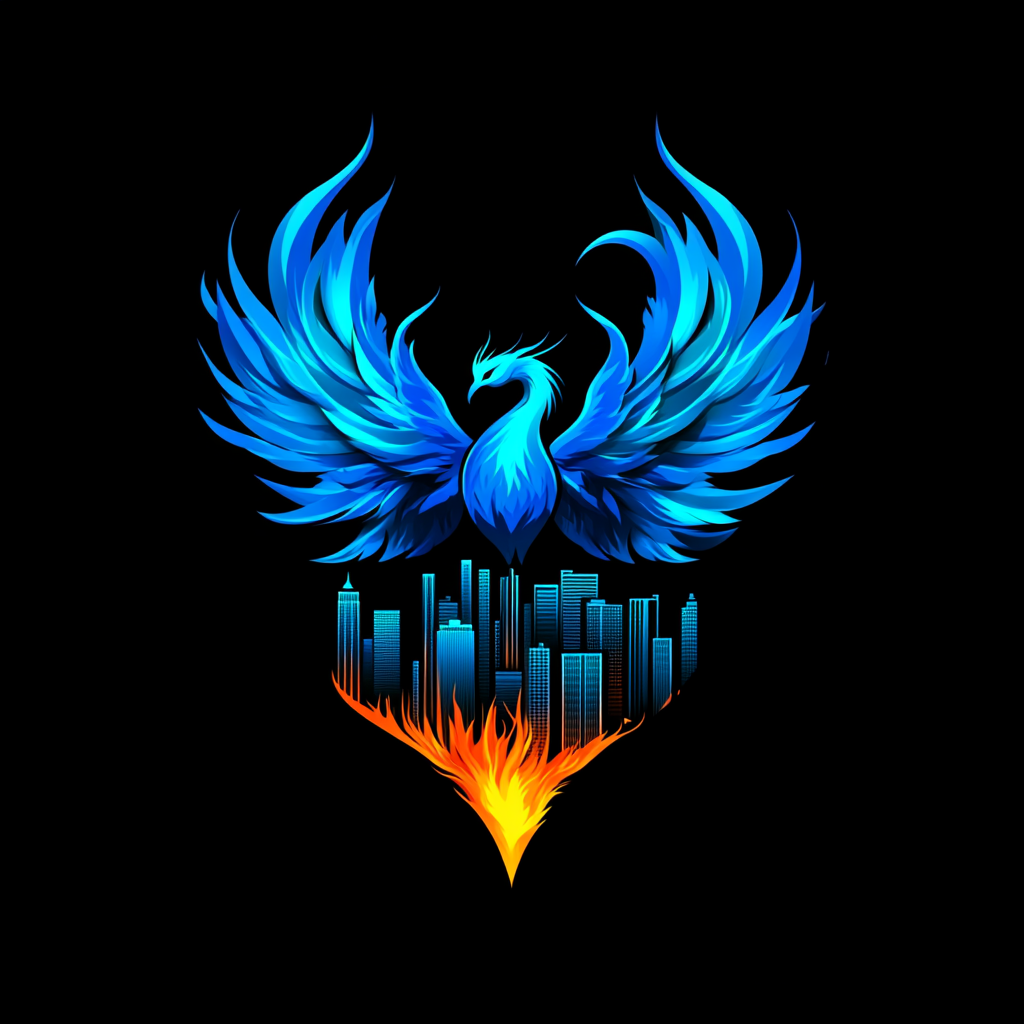 Logo: Houston skyline, blue phoenix, black background, RE-IGNITE.