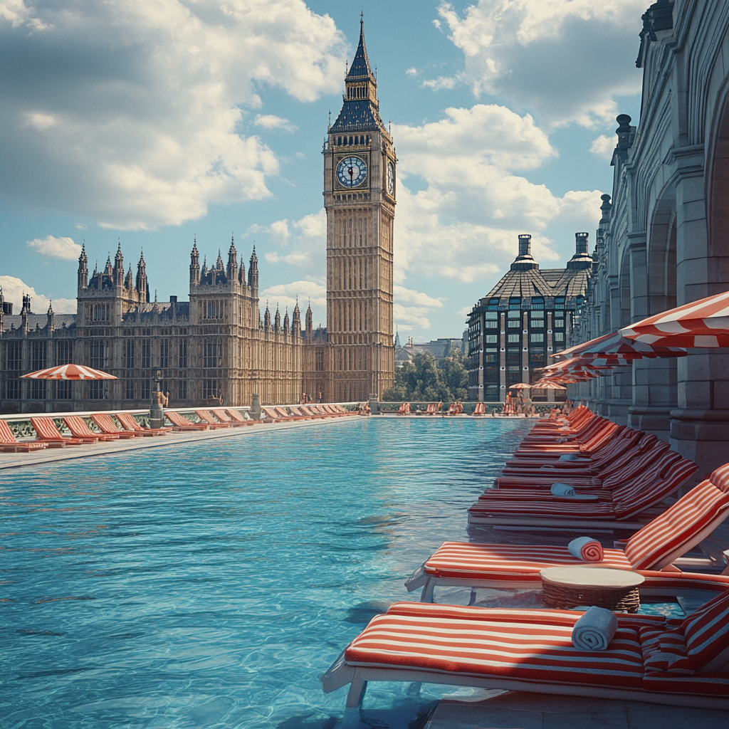 London Olympic Infinity Pool with Striped Loungers