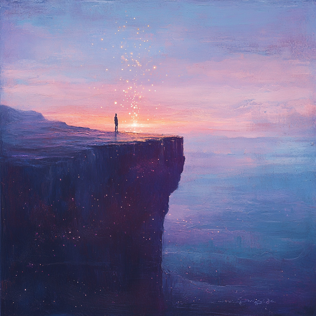 Lone figure at cliff, gazing towards glowing light.