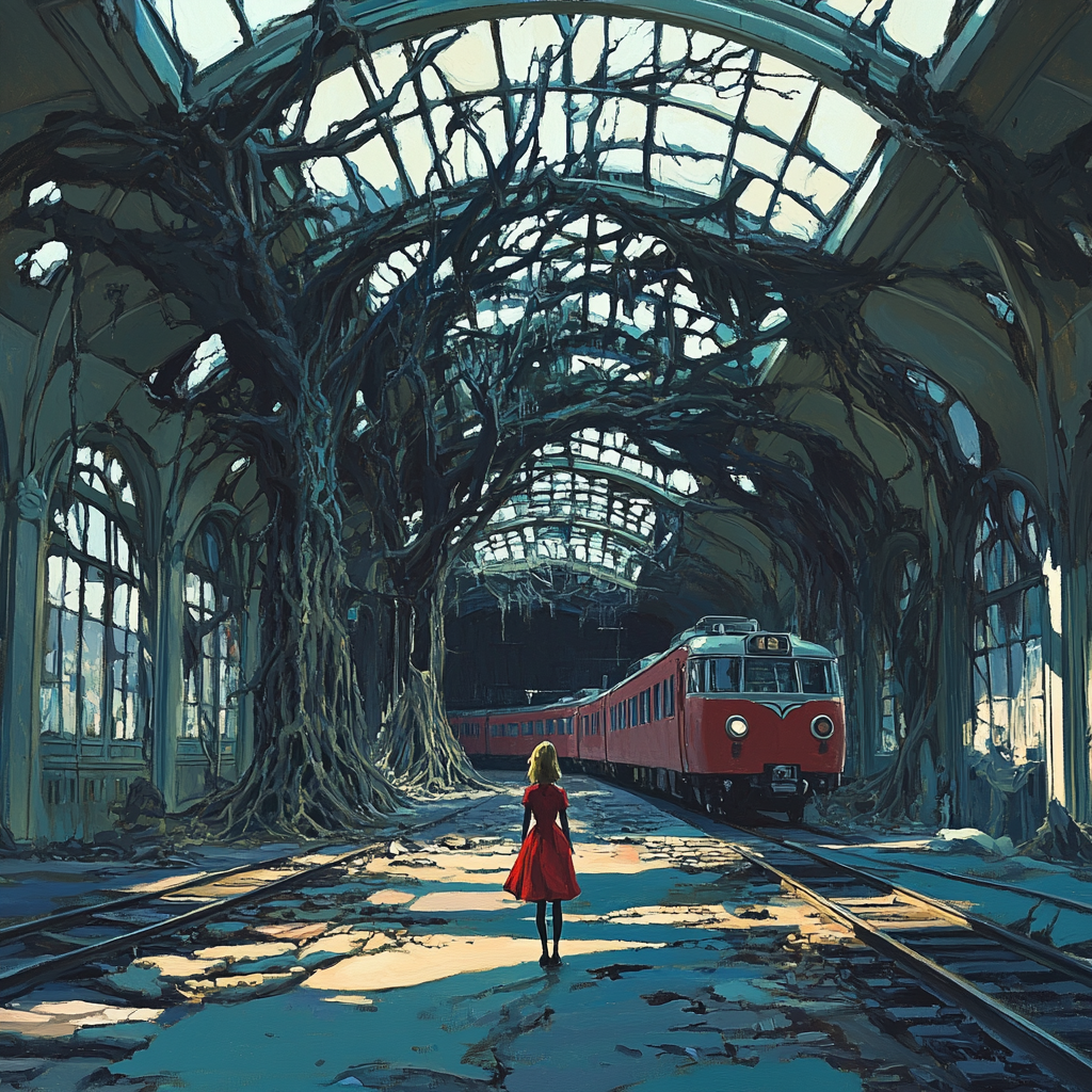 Lone girl in red dress at old train station.