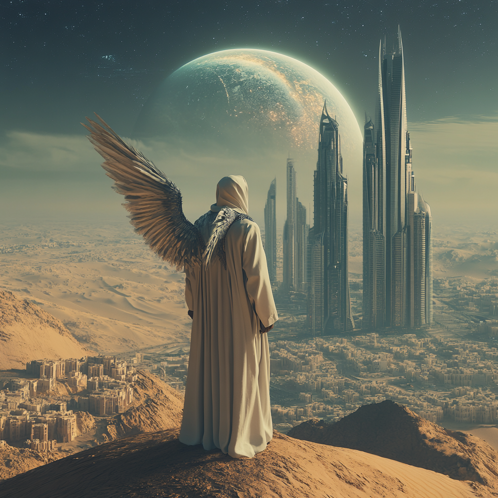 Lone man in Saudi attire with wings overlooking city.