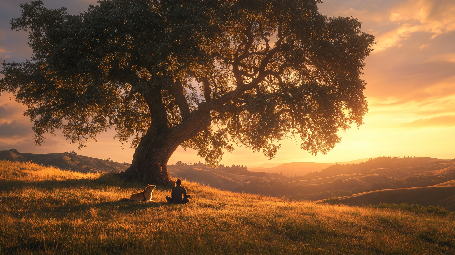 Lone traveler and wolf resting under oak tree.