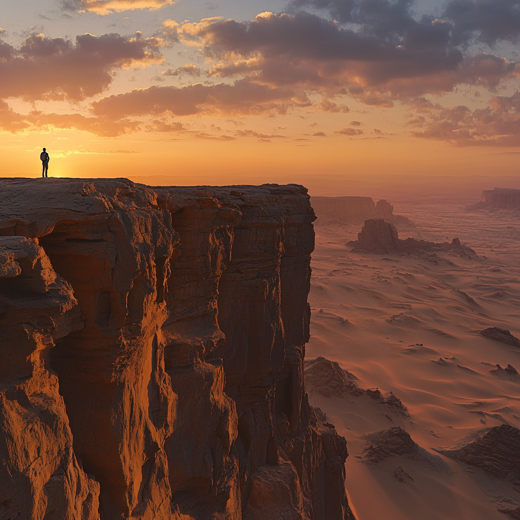 Lone traveler in awe at breathtaking sunset in Riyadh.