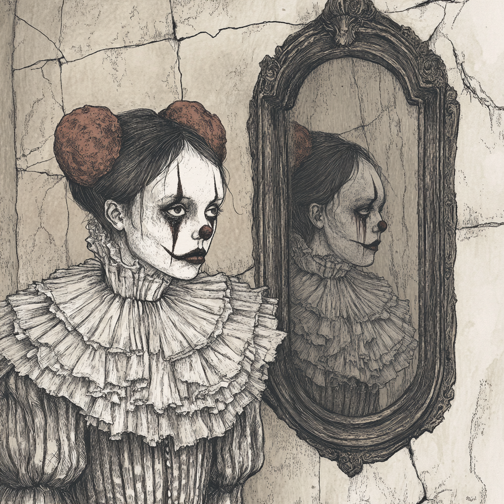 Lonely Clown gazes at reflection in antique mirror