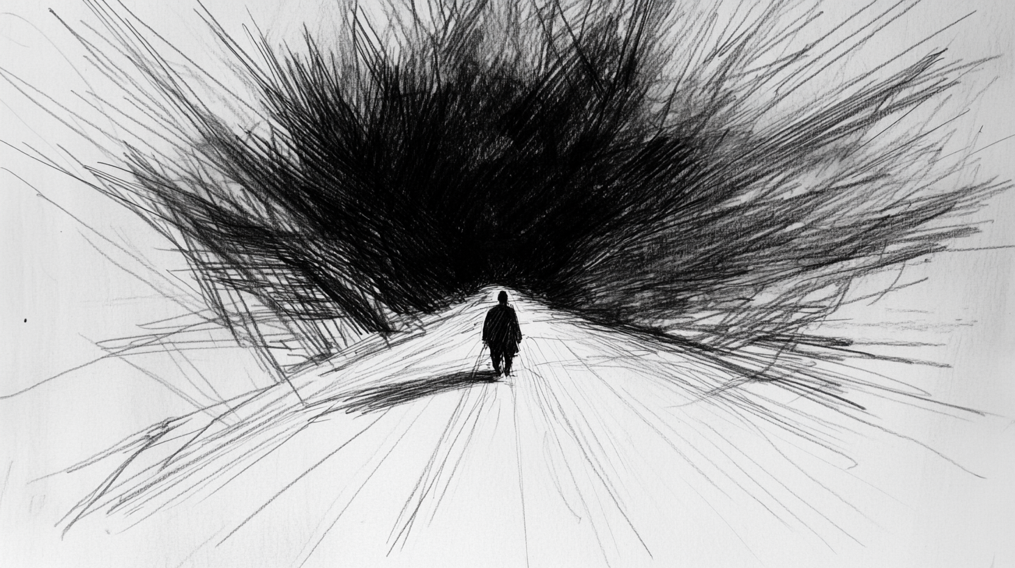 Lonely Figure Walking Along Endless Path Sketch