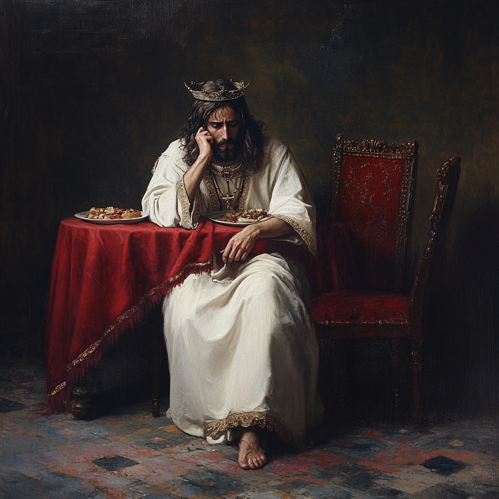 Lonely Jesus as King dining alone, feeling ignored.