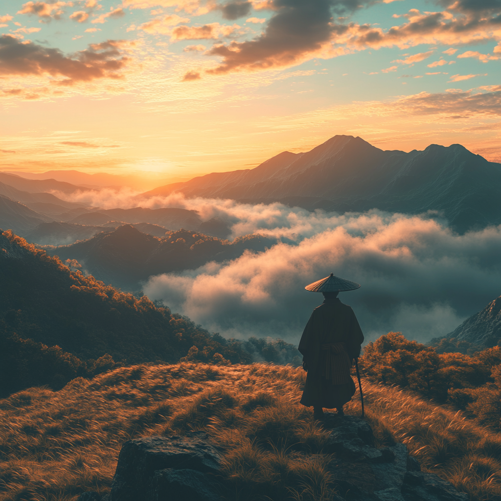 Lonely Samurai Returns Home on High Mountain Trail