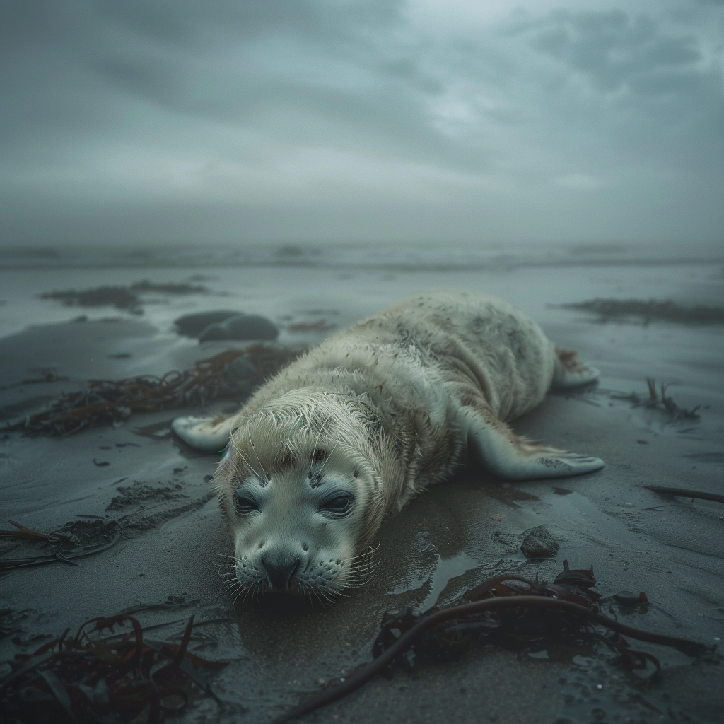 Lonely Seal Pup Struggles to Survive on Beach.