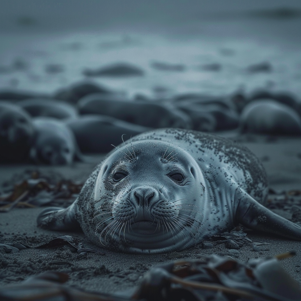 Lonely baby seal surrounded by carcasses in misty setting.