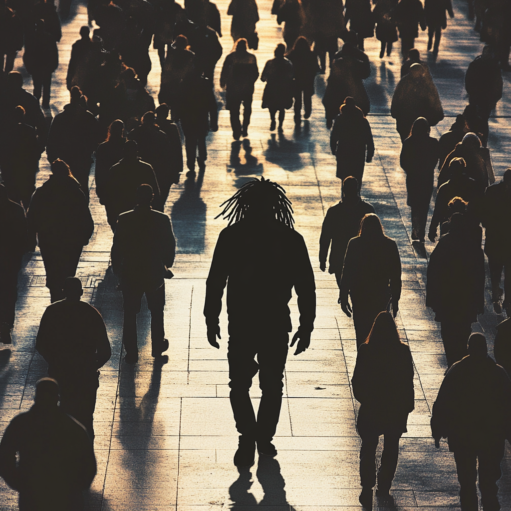 Lonely black man stands cold in a lively crowd.