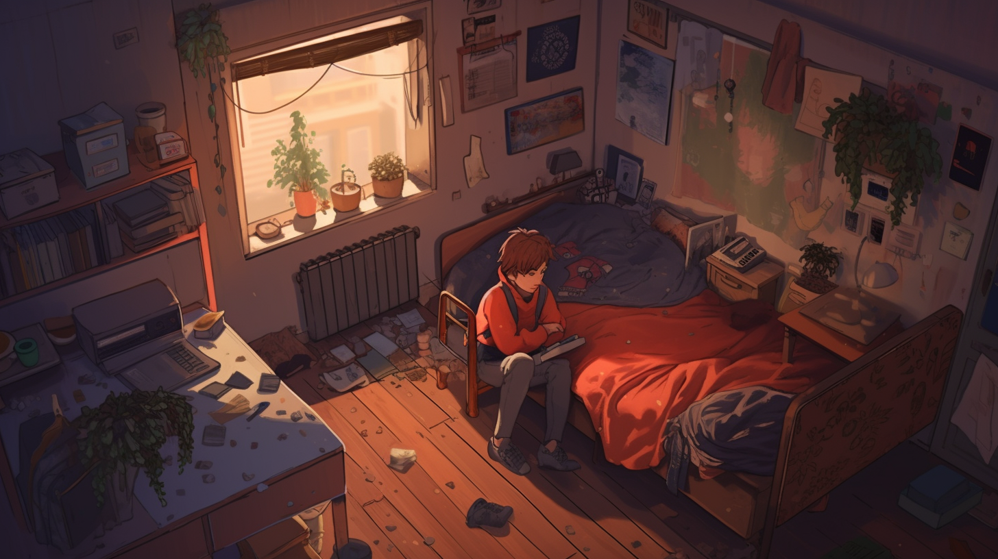 Lonely boy reflects in colorful, cluttered childhood sanctuary.