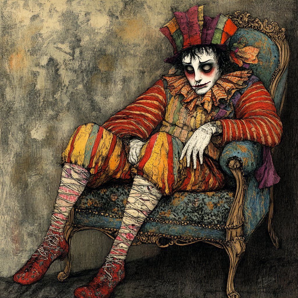 Lonely circus puppet in bright costume on chair.