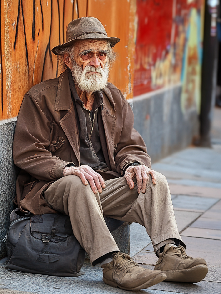 Lonely elderly man begging on city sidewalk ignored by passersby