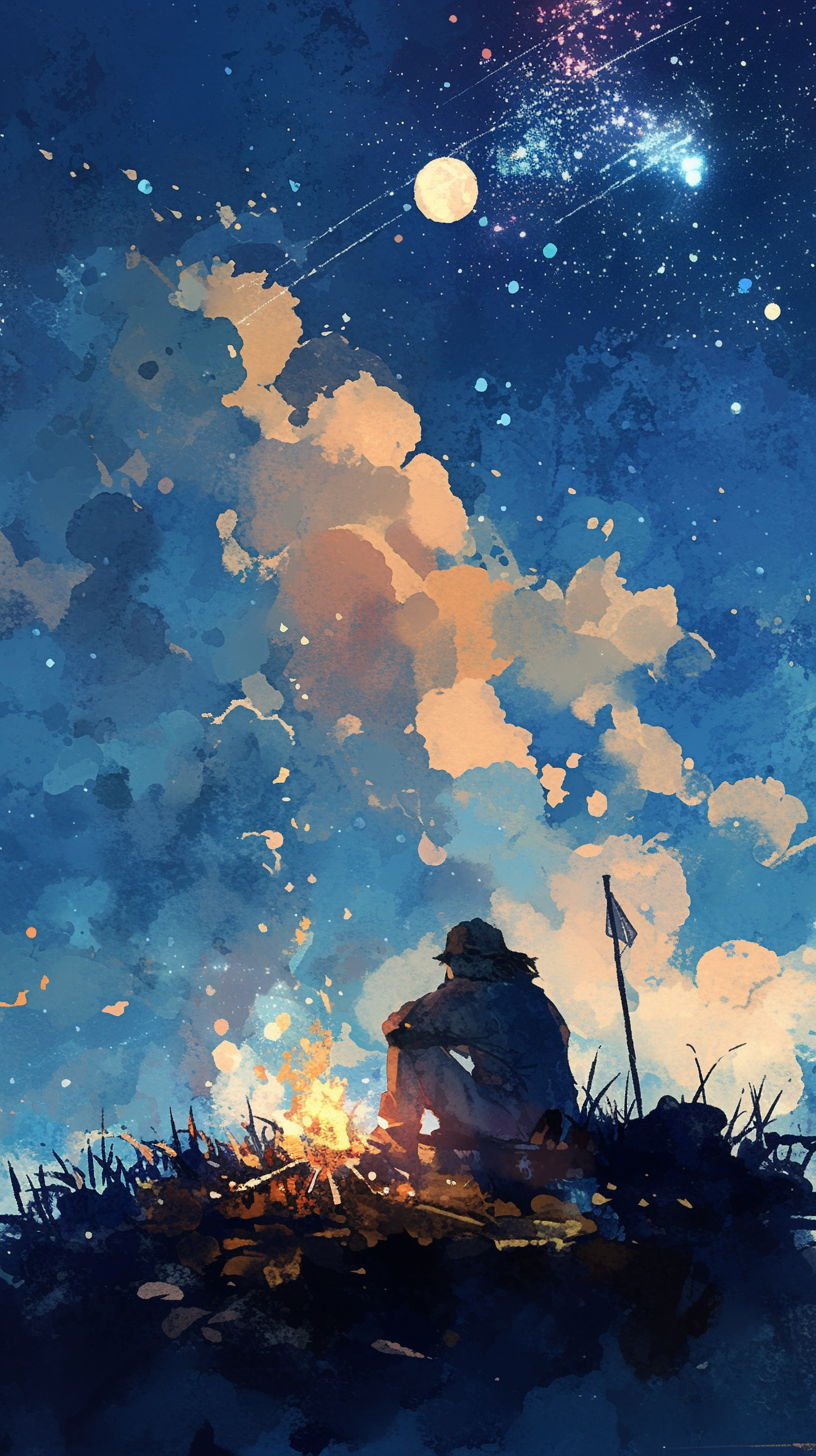 Lonely figure sitting by campfire staring at sky.