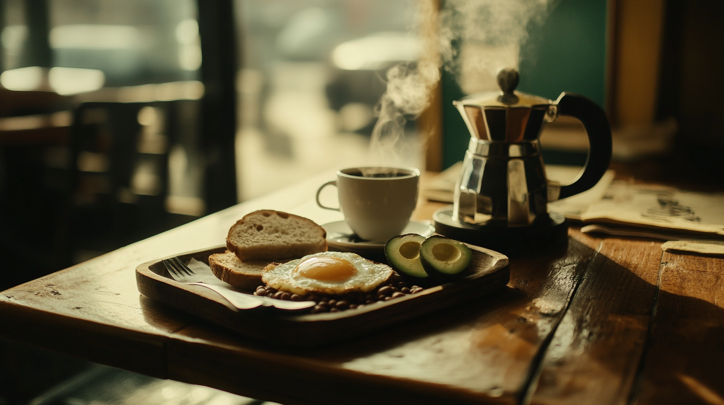 Lonely meal on rustic table in old-fashioned café