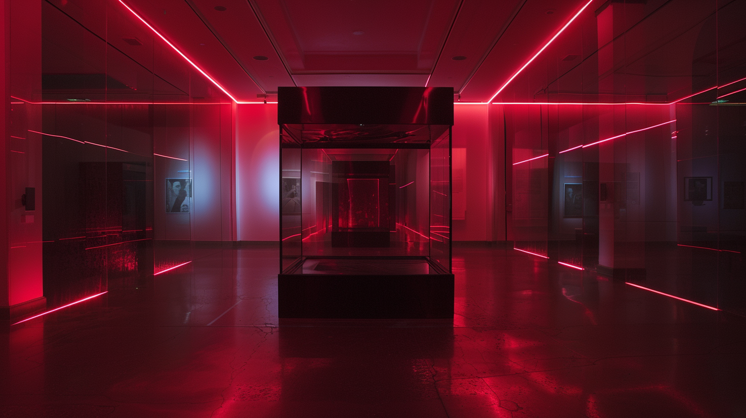 Lonely museum at night, glass box, red lasers, realistic.