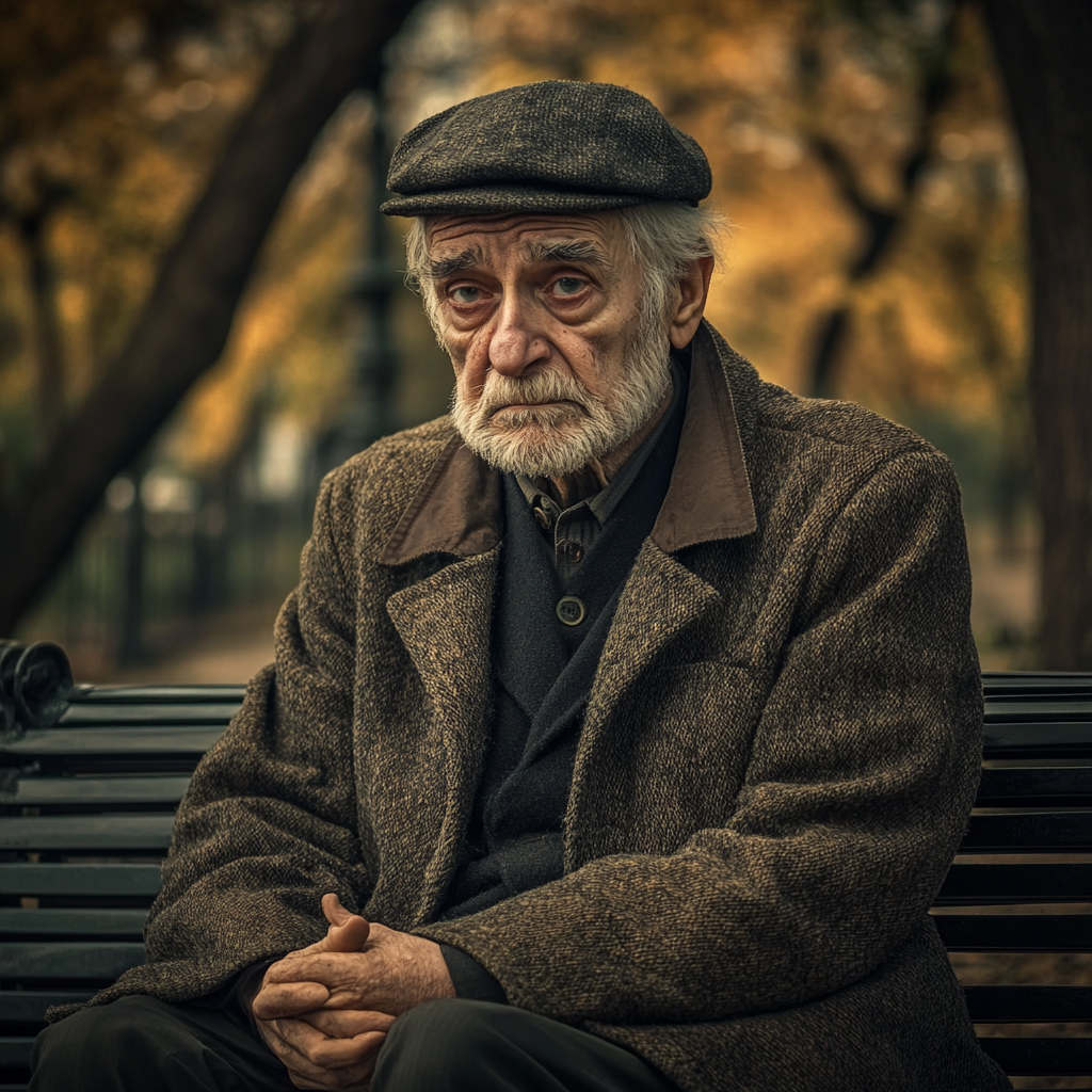 Lonely old man crying on park bench, waiting indefinitely