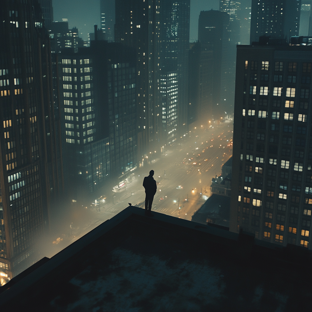 Lonely person on city rooftop at night