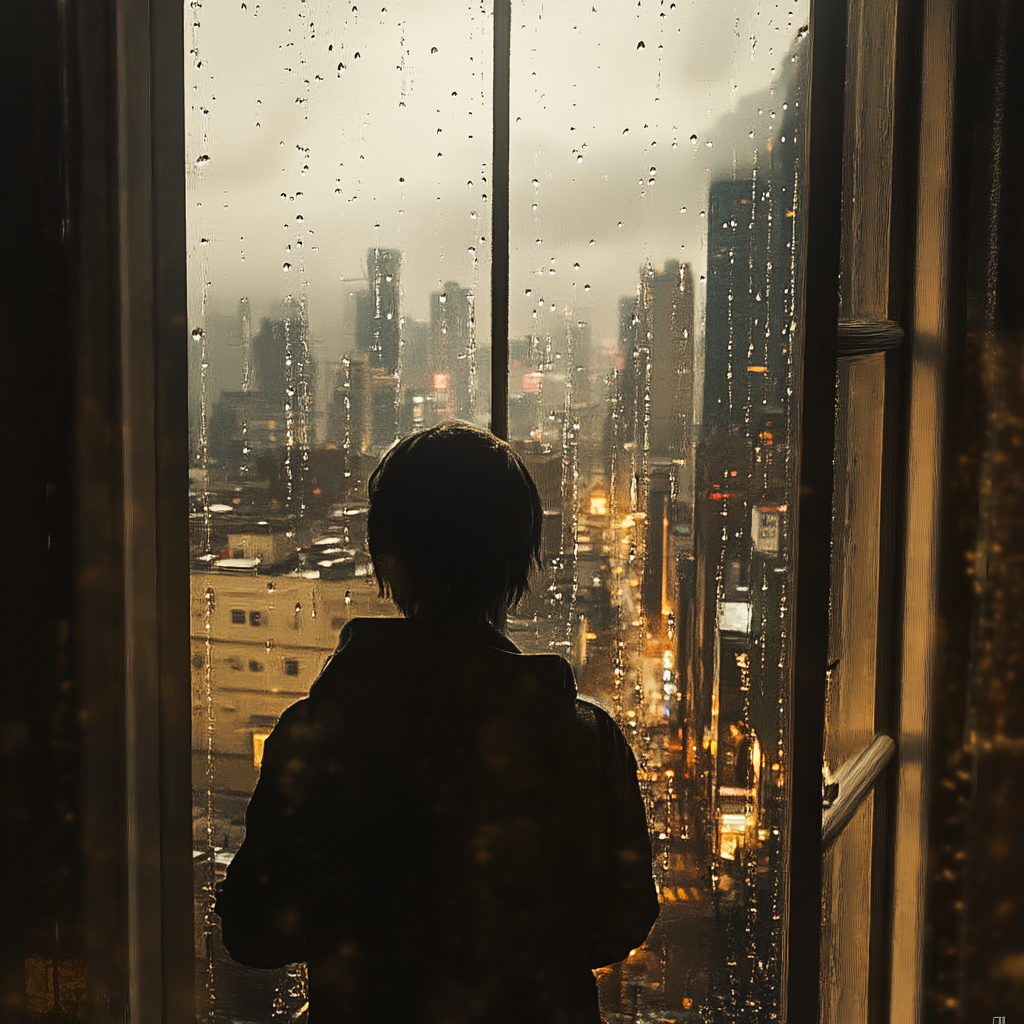 Lonely person staring out rainy city window, longing for home