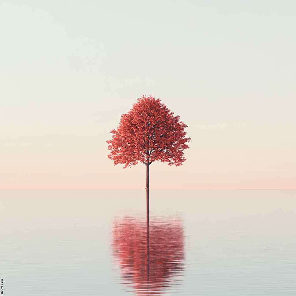 Lonely red tree in vast lake, cinematic effect, sunrise.