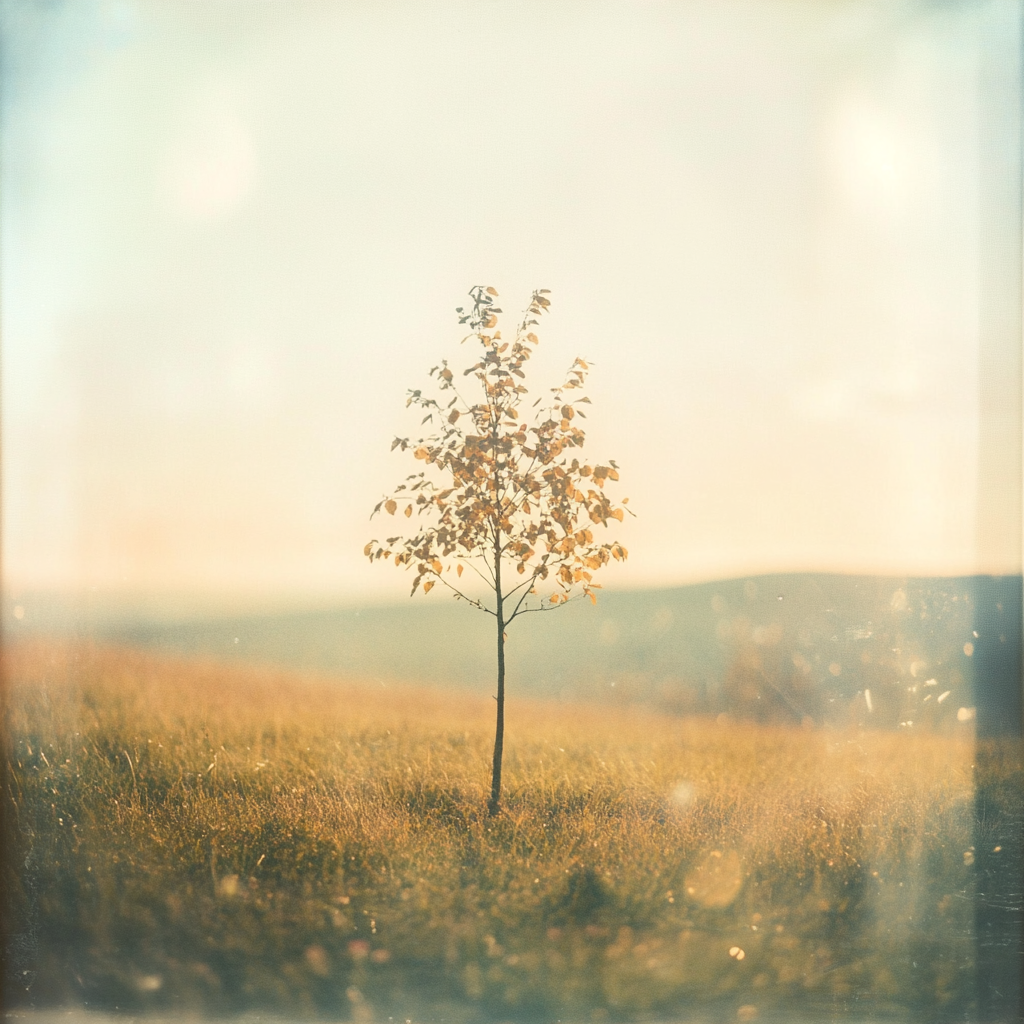 Lonely tree in field, seen through glass window.