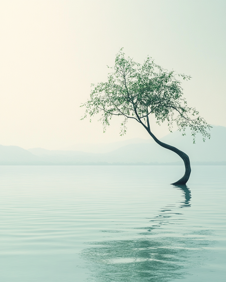 Lonely tree in lake, film-style photography, serene atmosphere.