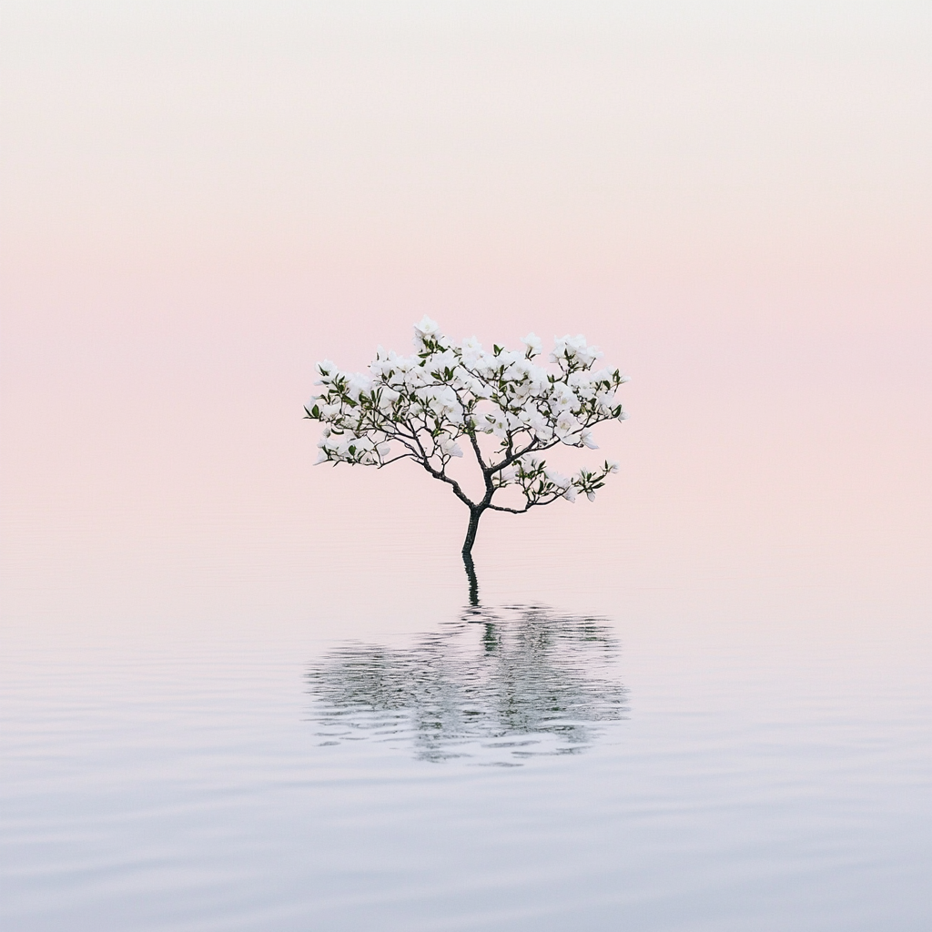 Lonely tree with white flowers in calm water, reflection.