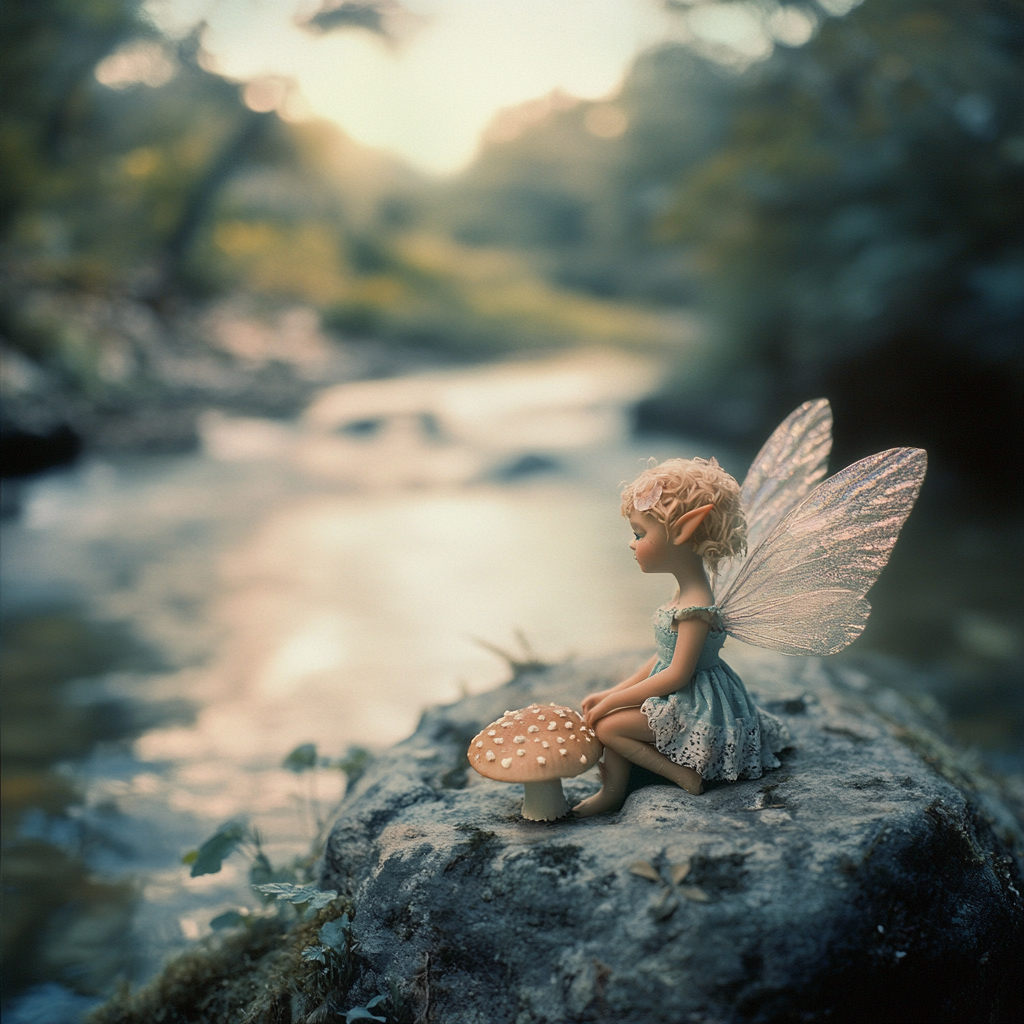 Lonely water pixie rests near river, angelic perfectionism.