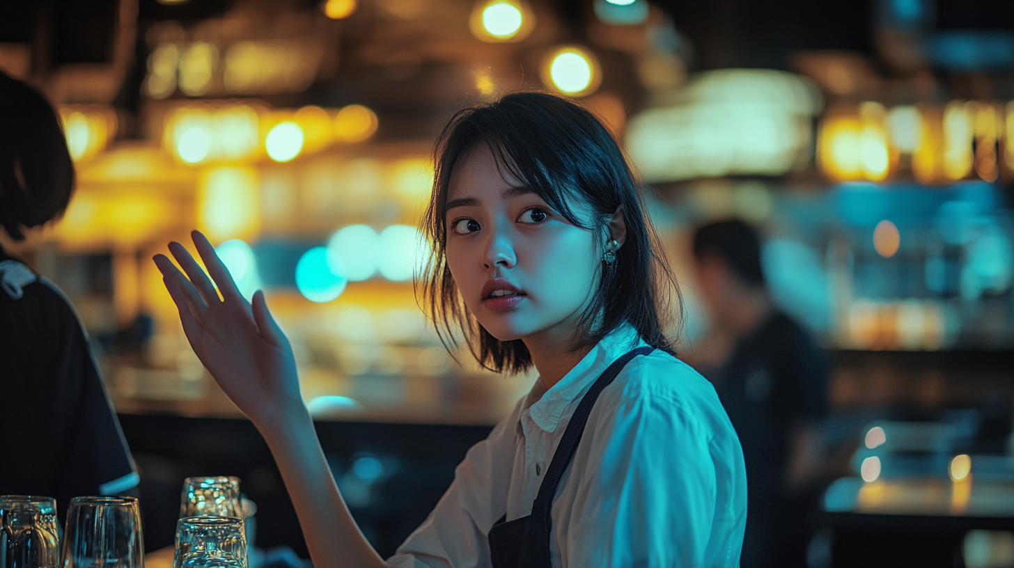 Lonely woman waits for busy waiter in dim restaurant