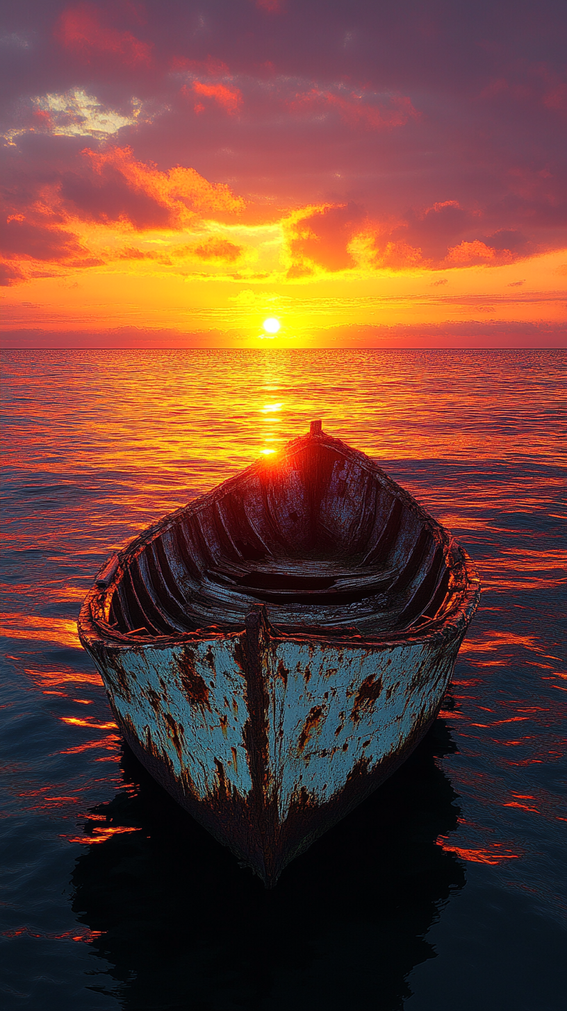 Lonely worn-out shoe ship sailing into sunset horizon.