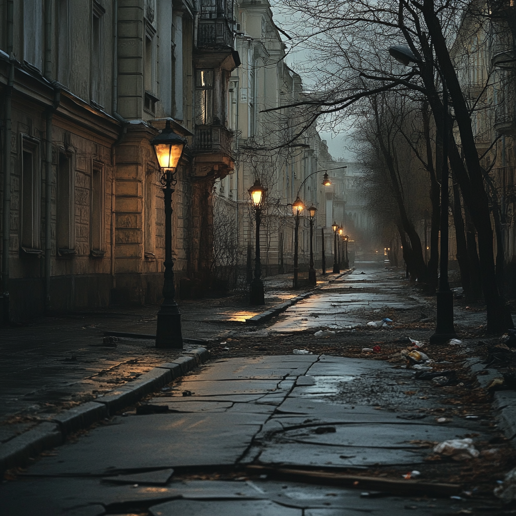 Long Russian street with dim lanterns, gloomy atmosphere.