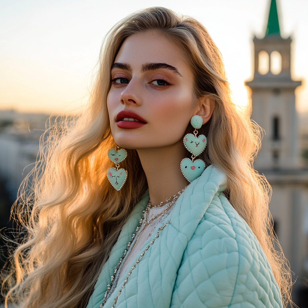 Long blonde hair, mint quilted shugai, cartoon cat earrings.