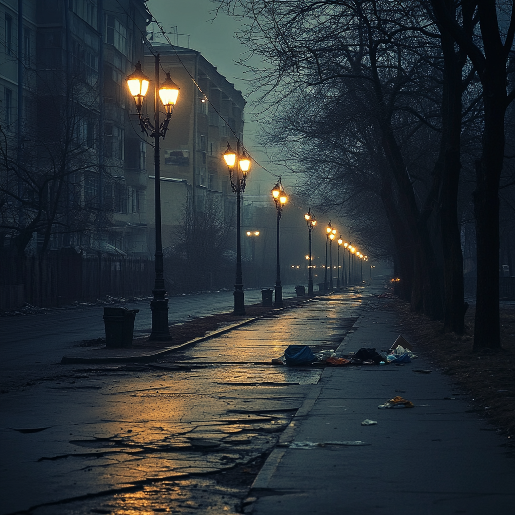 Long dim Russian street with broken sidewalks, garbage. Hollywood-style.