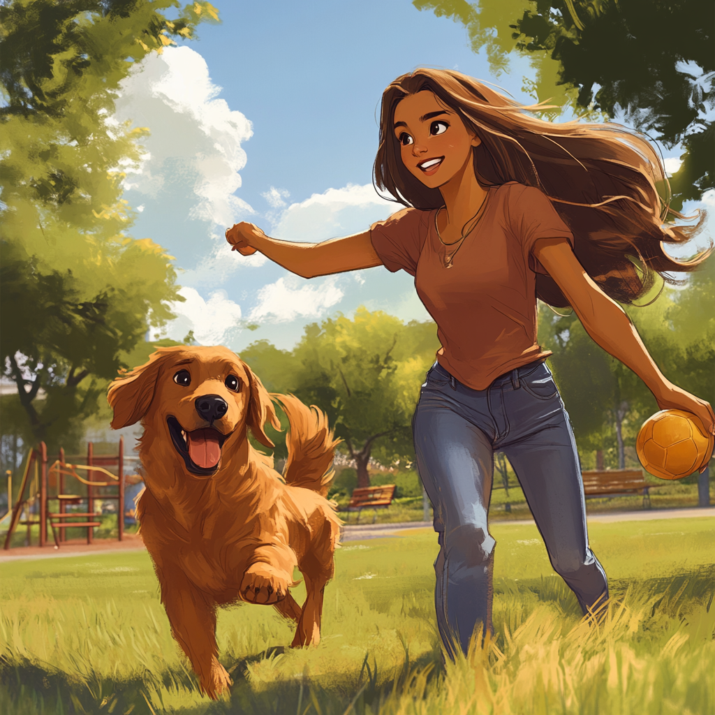 Long-haired girl and golden retriever play in field.