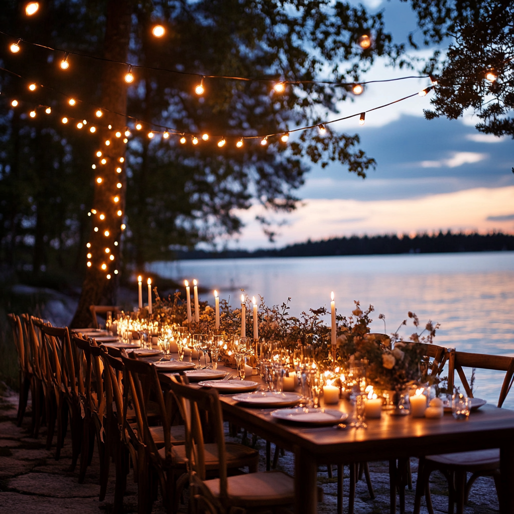 Long outdoor dining table, elegant wooden chairs, candlelight, string lights, calm water.