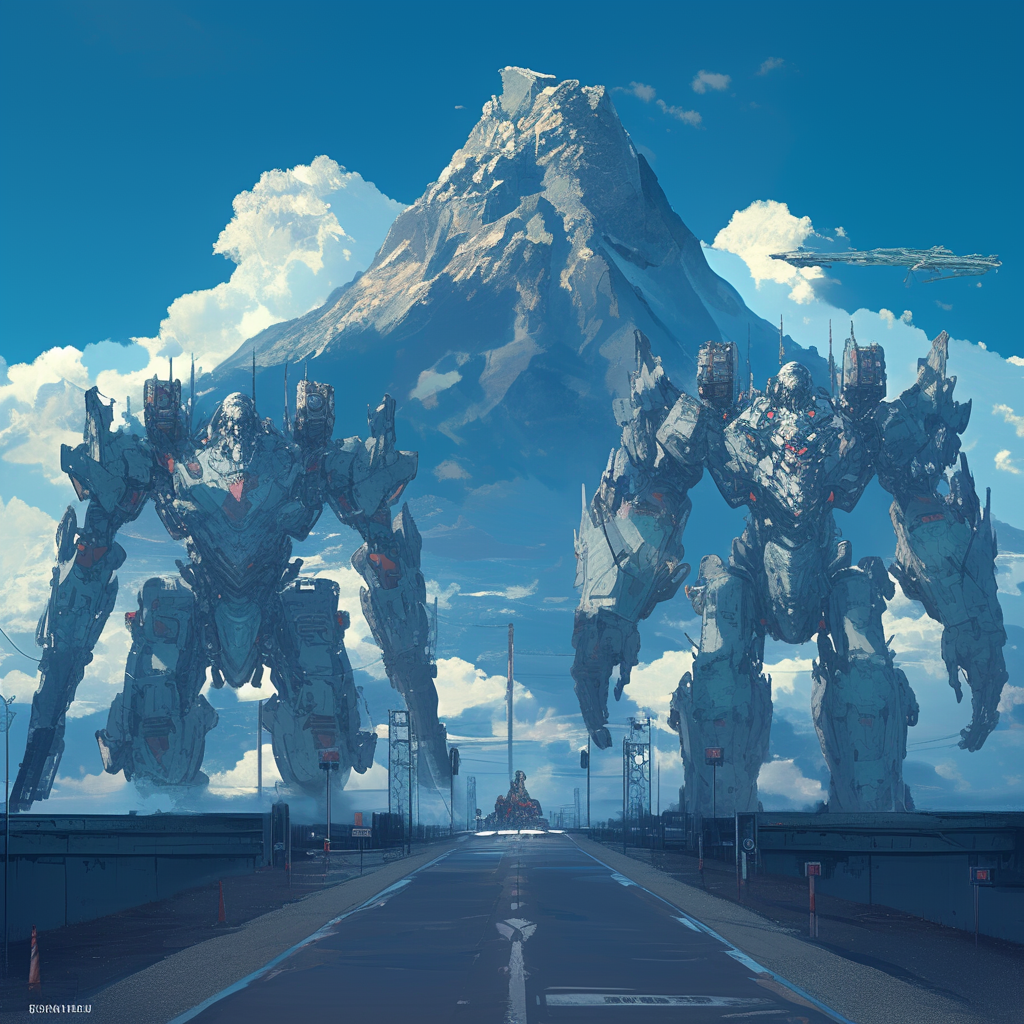 Long road to distant mountain. Massive robotic titans.