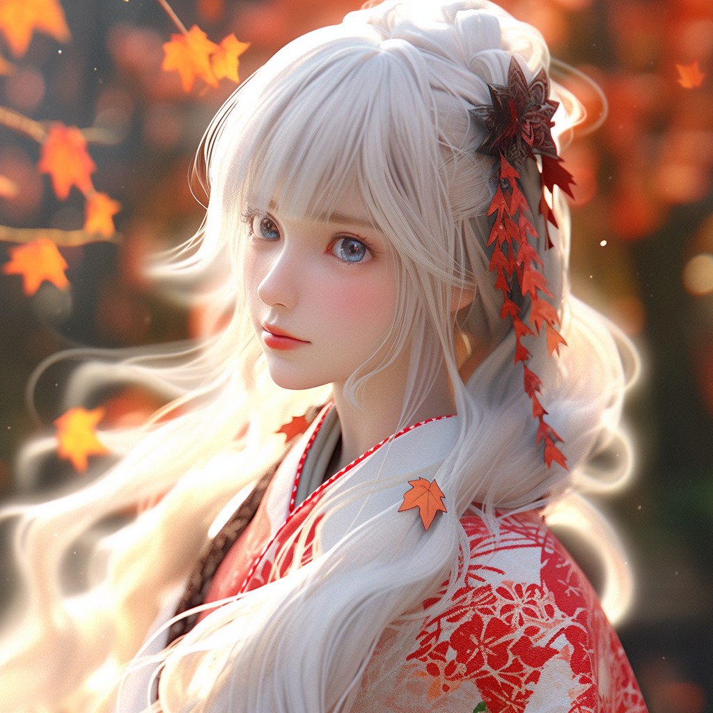 Long white hair, traditional kimono, maple leaves, 3D animation.