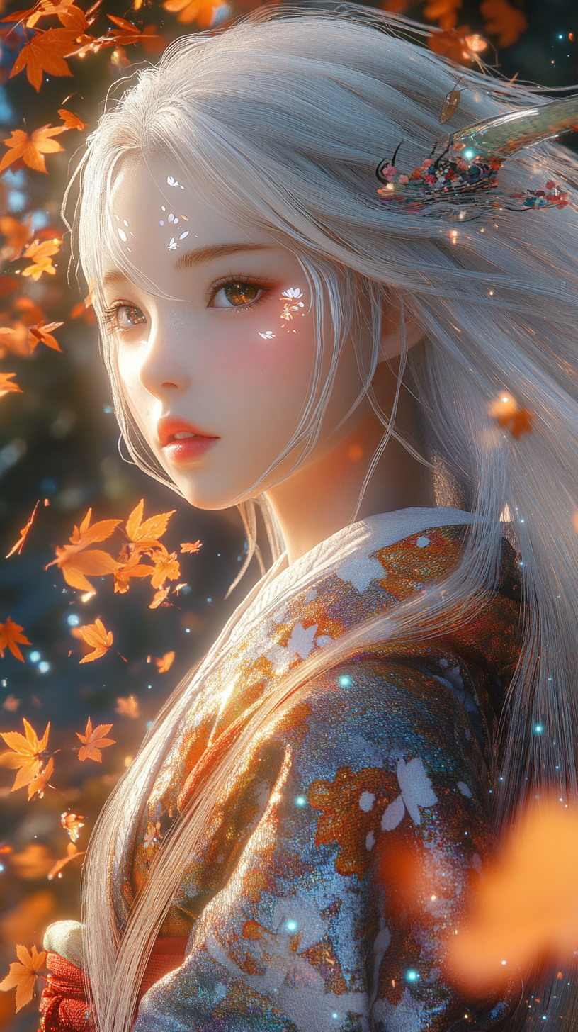 Long white hair, translucent presence, traditional Japanese kimono.