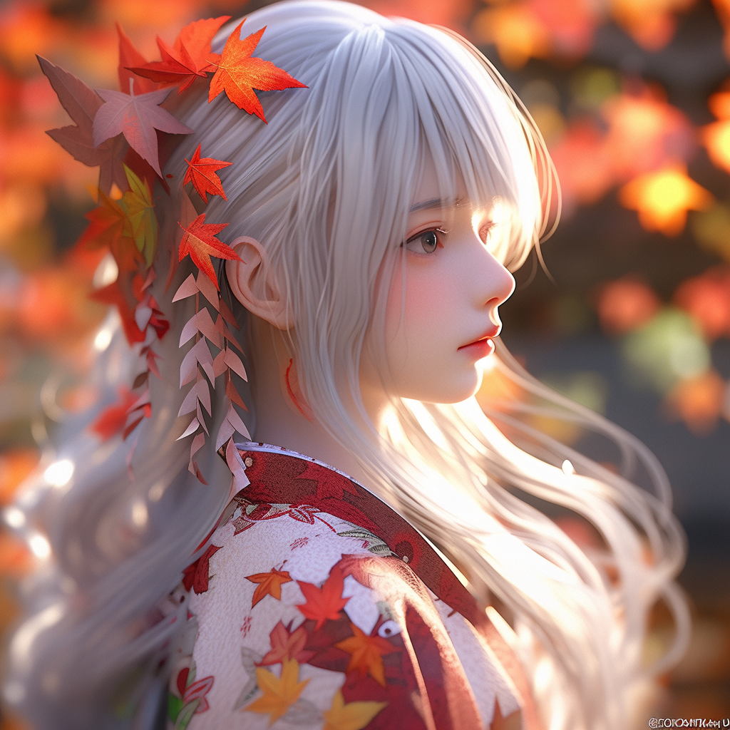 Long white hair girl in traditional Japanese kimono.