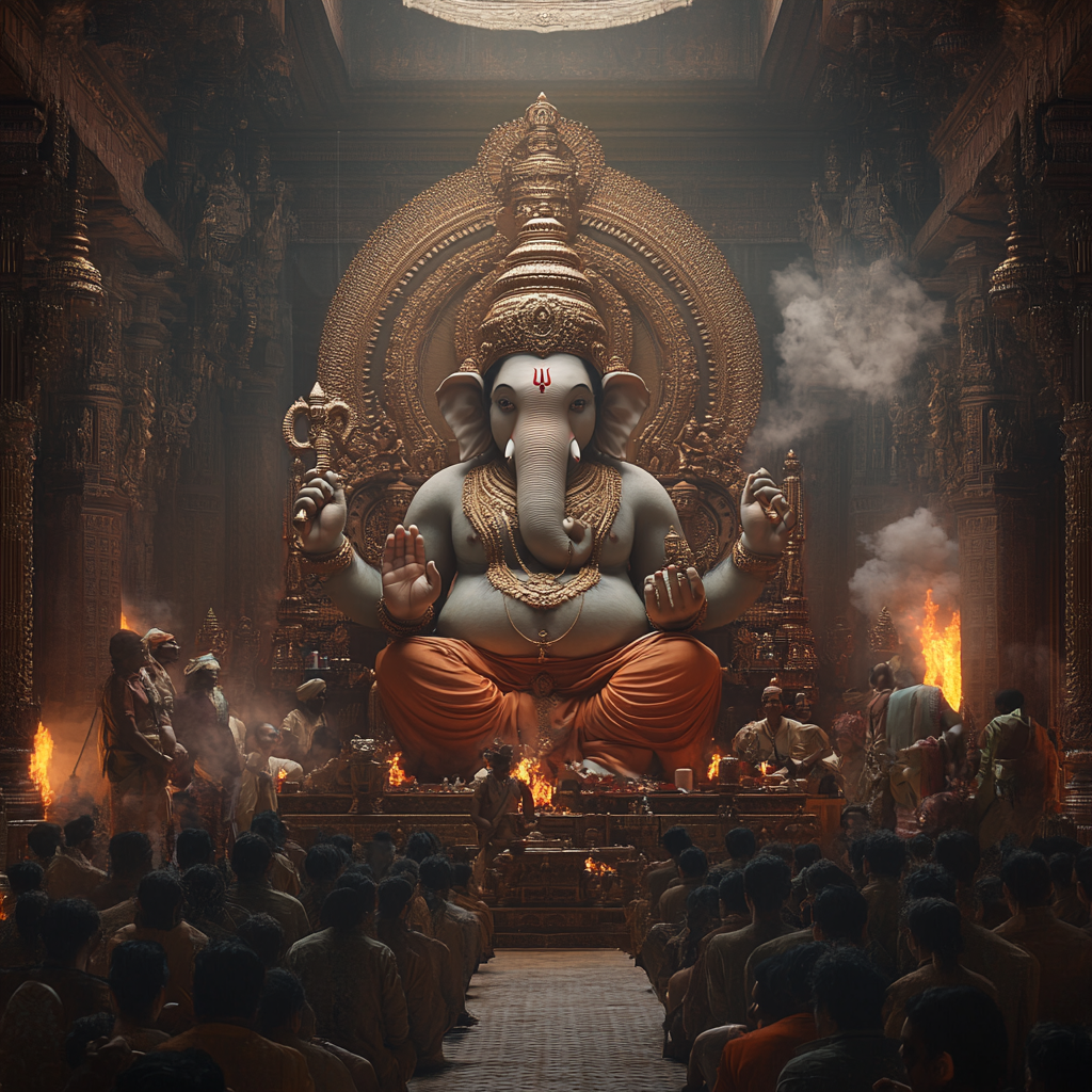 Lord Ganapathi surrounded by traditional devotees in open space.