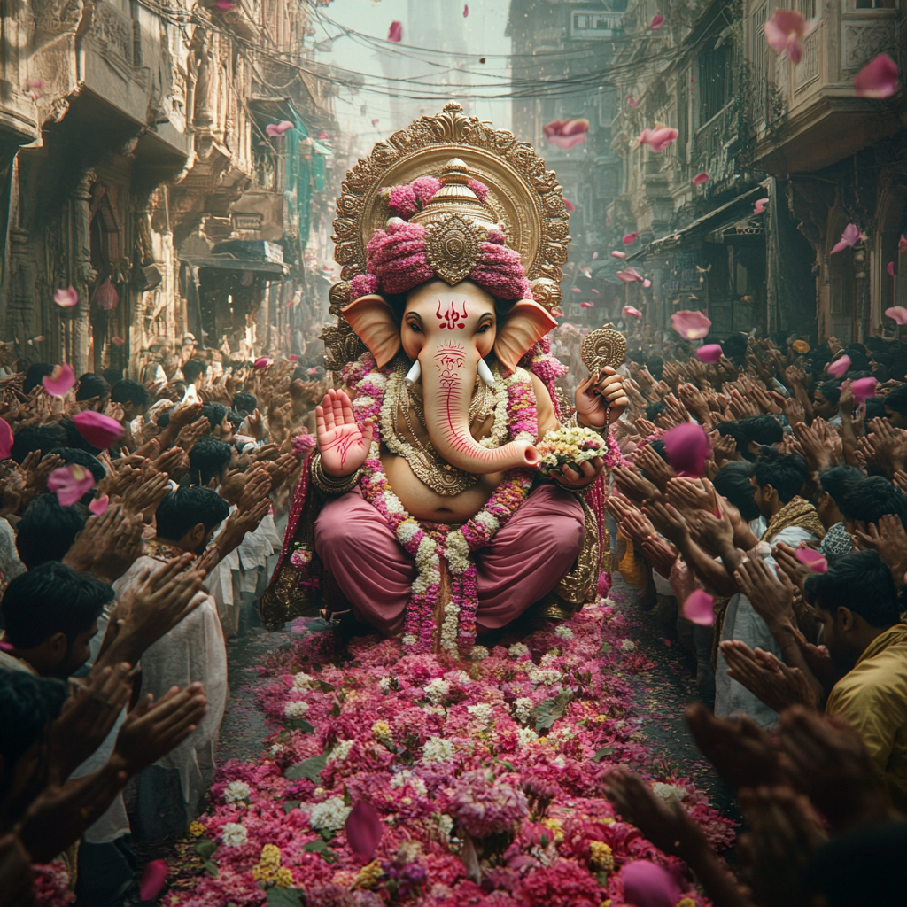 Lord Ganesh walking on flowered Mumbai street, people bow.