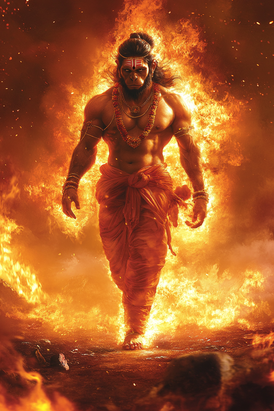 Lord Hanuman walking out of burning Lanka with abs.