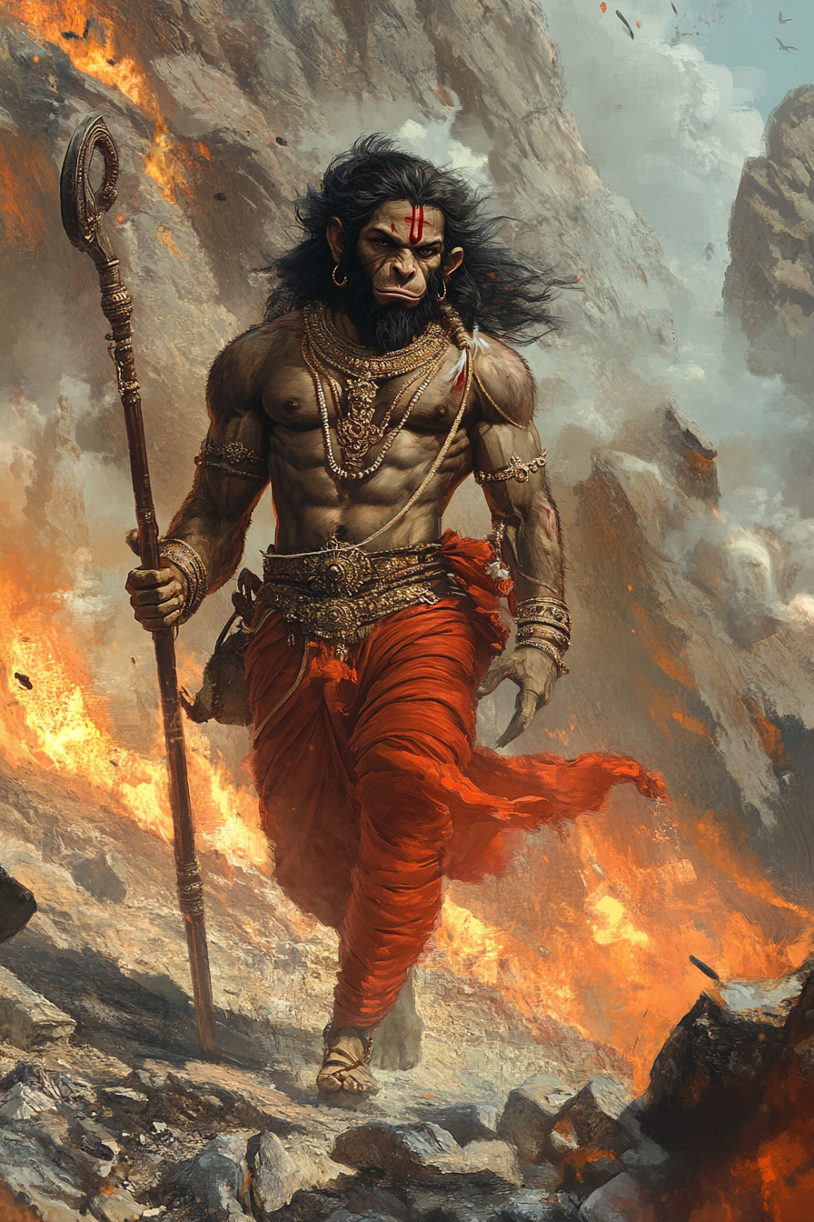 Lord Hanuman with abs, walking confidently with weapon.