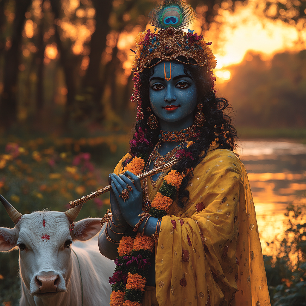 Lord Krishna Playing Flute in Tranquil Meadow