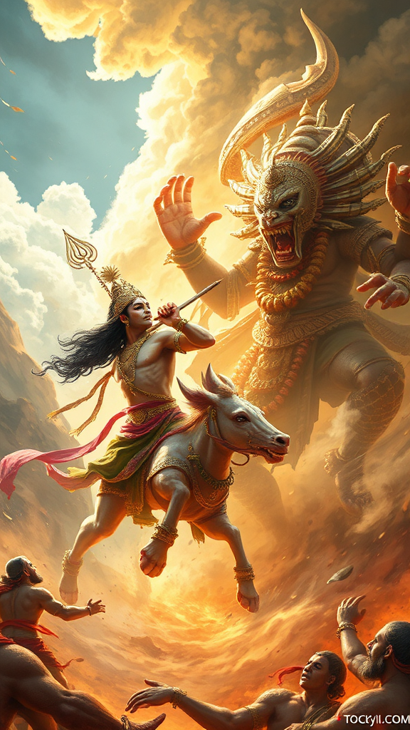 Lord Krishna defeating Narakasura in a legendary battle.