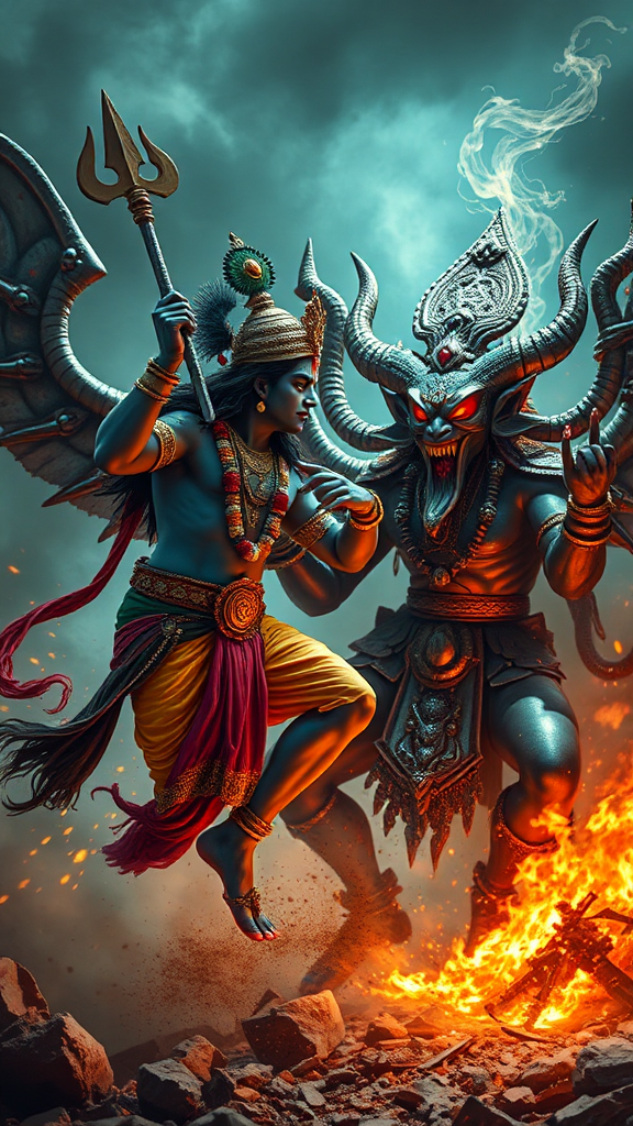 Lord Krishna defeats Narakasura demon, intense battle scene.