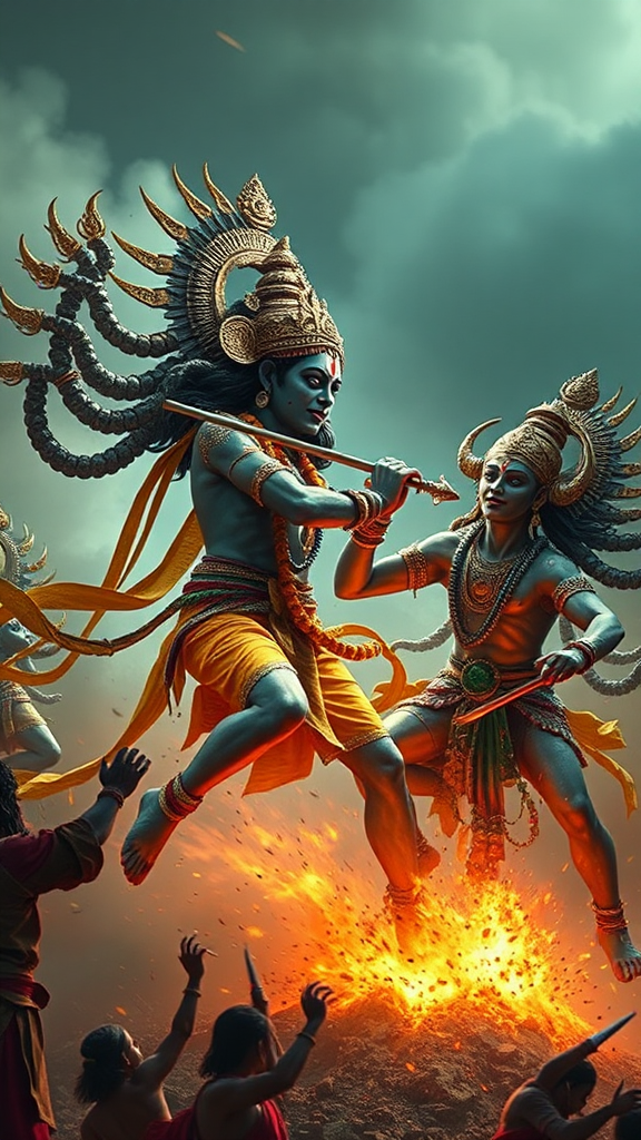 Lord Krishna defeats narakasura in fierce battle.