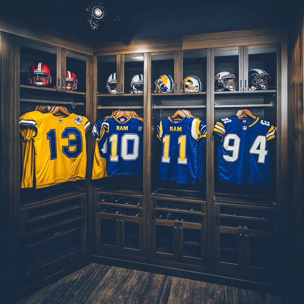 Los Angeles Rams jerseys in locker room, high resolution.